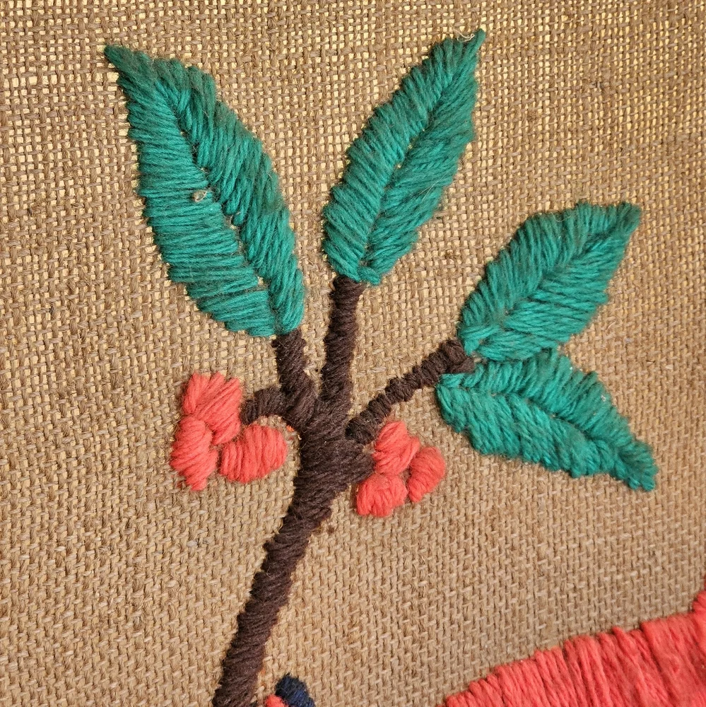 Antique Needlepoint Framed Wall Art Handcrafted Rustic Red Bird